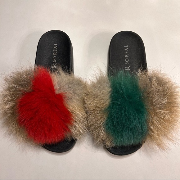 Shoes - R So Real Fox Fur Slide Sandals Fur Slippers Red Green Natural Sz EU 44 US W 13
